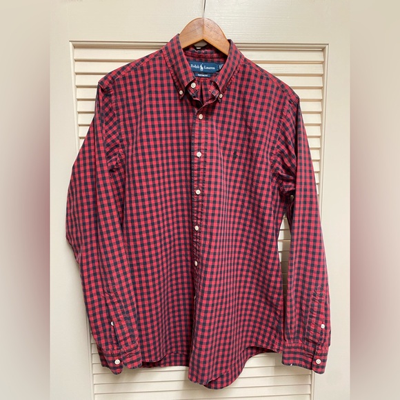 Ralph Lauren Custom Fit Mens L Red Black Gingham Check 32”  Long Sleeve Shirt - Picture 1 of 16